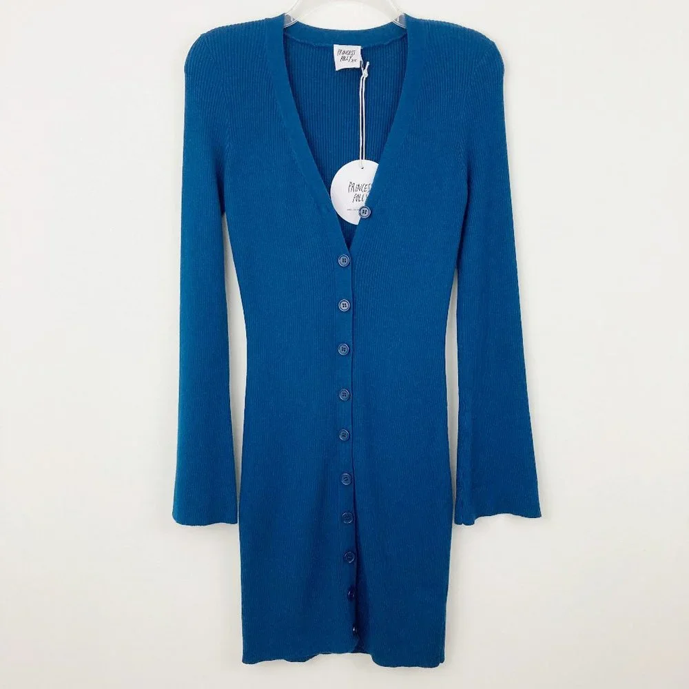 NWT Princess Polly Isadora Mini Dress Navy Blue Size L/XL Long Sleeve Ribbed - Picture 2 of 9